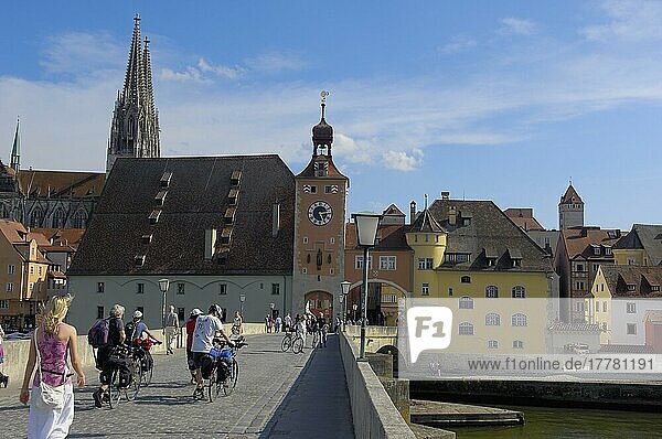 Regensburg  Stone Bridge over the Danube  St. Peter's Cathedral  Ratisbon  Upper Palatinate  Bavaria  Germany  Europe