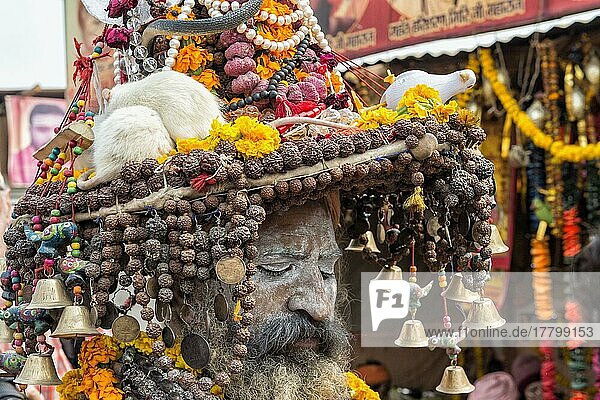 Mit weißer Asche bedeckter Sadhu  Hut geschmückt mit Ringelblumengirlanden  Perlen und weißen Ratten  Nur zur redaktionellen Verwendung  Allahabad Kumbh Mela  größte religiöse Versammlung der Welt  Uttar Pradesh  Indien  Asien