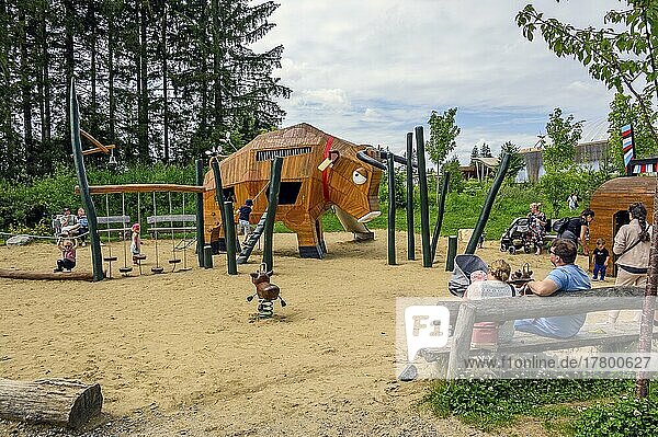 Children's playground with wooden bull  Center Parcs  Park near Leutkirch  Allgäu  Baden-Württemberg  Germany  Europe