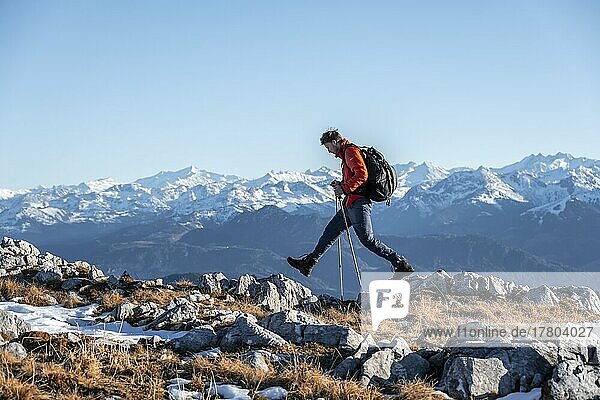Bergsteiger wandert vor Bergpanorama  Wanderweg am Guffertstein  hinten Alpenhauptkamm mit Großvenediger  im Herbst  Brandenberger Alpen  Tirol  Österreich  Europa