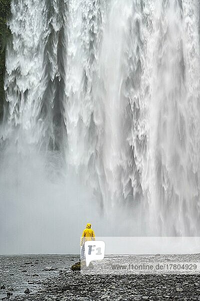 Mensch vor großem Wasserfall  Skógafoss  Südisland  Island  Europa