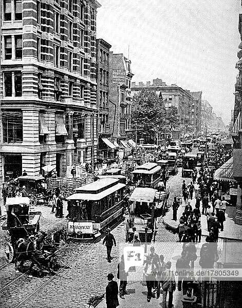 Broadway in New York  Straßenszene auf der belebten Straße  ca 1880  Amerika  Historisch  digital restaurierte Reproduktion einer Fotovorlage aus dem 19. Jahrhundert