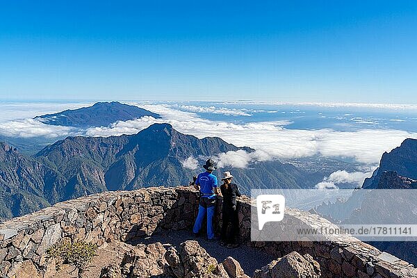 View from the summit of Roque de los Muchachos over the mountain landscape  Caldera de Taburiente National Park  Palma Island  Canary Islands  Spain  Europe