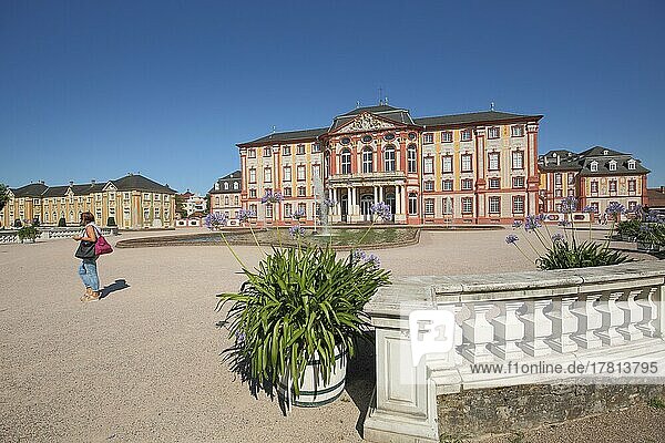 View with ornamental plants and balustrade towards the baroque castle  Bruchsal  Baden-Württemberg  Germany  Europe