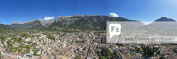 Spain  Balearic Islands  Soller  Helicopter view of town in Serra de Tramuntana mountains in summer