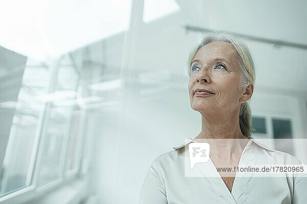 Smiling senior businesswoman with white hair in office