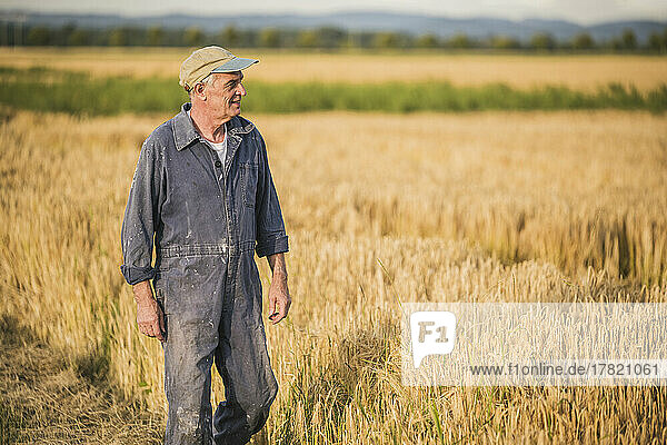 Happy senior farmer walking in field