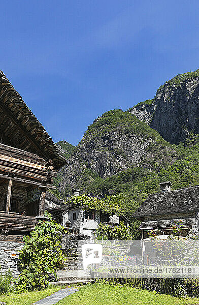 Houses in mountain village on sunny day