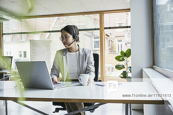 Smiling businesswoman working on laptop in office
