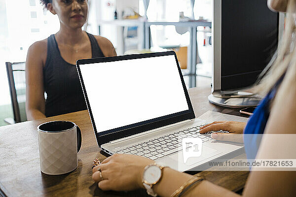 Ernährungsberaterin nutzt Laptop und diskutiert mit Kunden am Schreibtisch im Büro