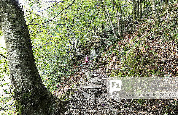 Switzerland  Ticino  Woman standing in middle of forest trail in Valle Verzasca