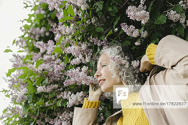 Schöne Frau steht unter Blumen im Park