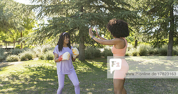 Elderly woman practicing boxing with daughter in park