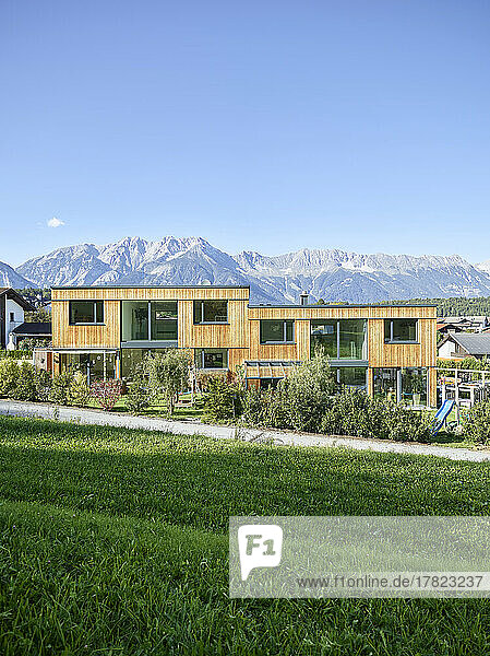 Austria  Tyrol  Facade of modern semi-detached house in mountains