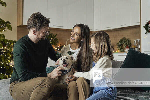 Lächelnde Familie mit Hund  die gemeinsam die Weihnachtszeit zu Hause genießt