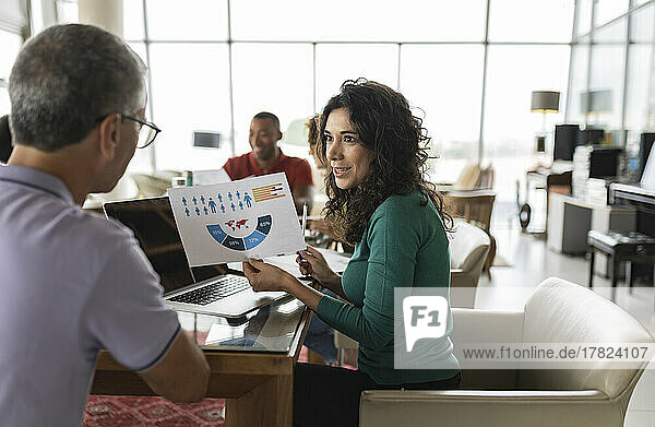 Happy businesswoman discussing chart with businessman