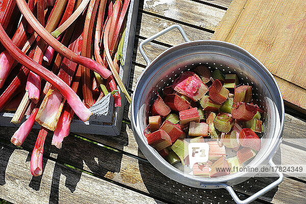 Freshly peeled and cut rhubarb stalks