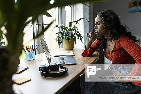 Young woman freelancing on laptop at desk