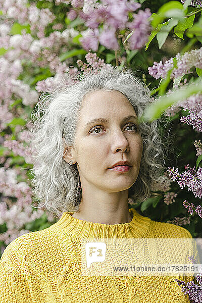 Thoughtful woman standing by lilac tree at park