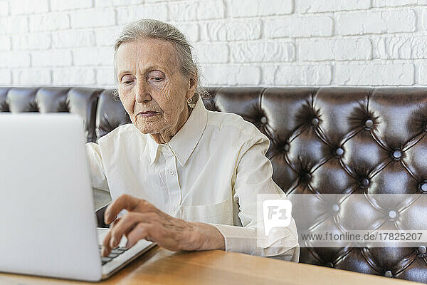 Senior woman using laptop in cafe