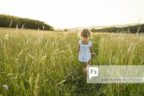 Blond girl walking in green field
