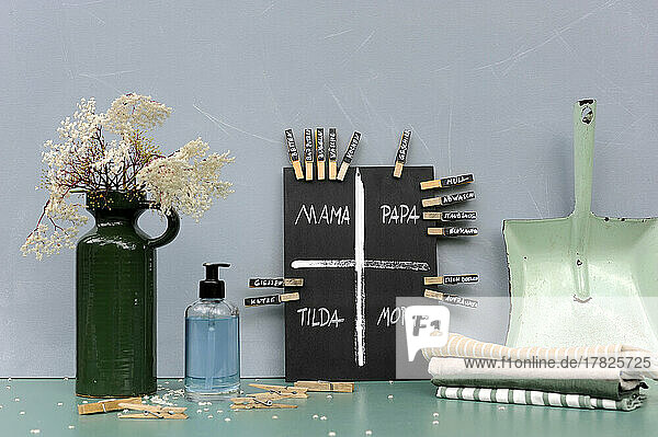 Studio shot of vase with lilacs  towels  dustpan  soap dispenser and DIY chalkboard with cleaning duty plan divided by clothespin name tags
