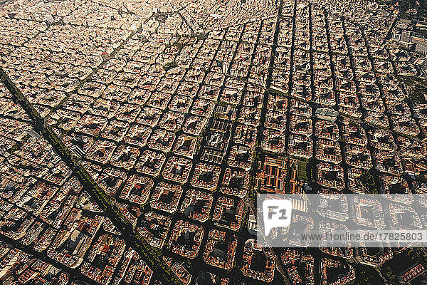 Spain  Catalonia  Barcelona  Helicopter view of densely populated residential district