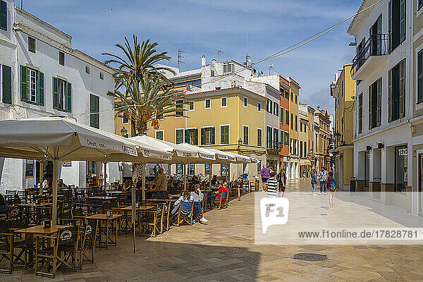 View of restaurant and cafe in little square in historic centre  Ciutadella  Menorca  Balearic Islands  Spain  Mediterranean  Europe