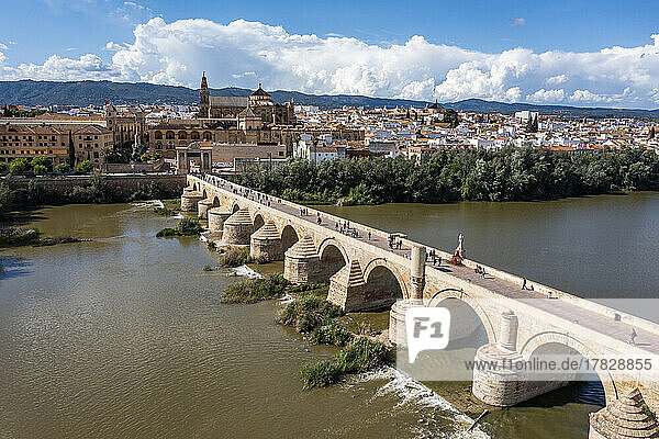 Aerial of the Historic Roman Bridge over the Guadalquivir River  UNESCO World Heritage Site  Cordoba  Andalusia  Spain  Europe