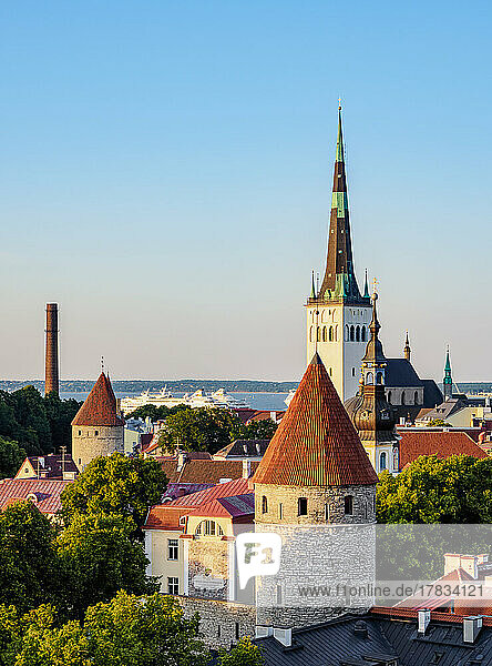 Blick über die Altstadt auf die St. Olafs Kirche bei Sonnenuntergang  UNESCO-Weltkulturerbe  Tallinn  Estland  Europa