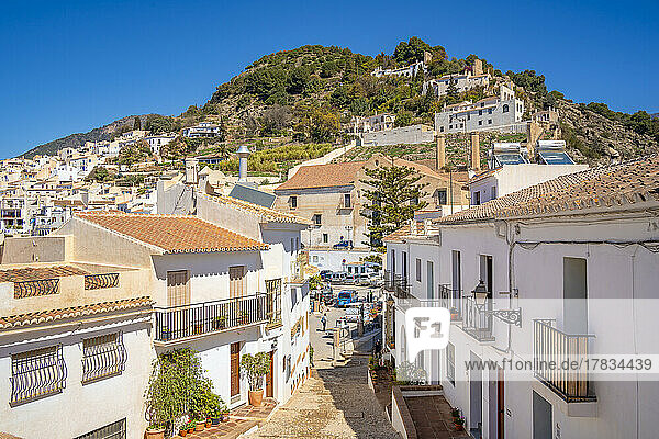 View of whitewashed houses and mountains in background  Frigiliana  Malaga Province  Andalucia  Spain  Mediterranean  Europe