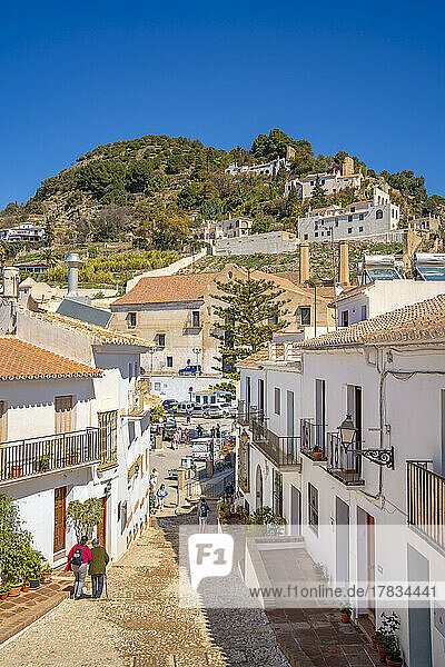View of whitewashed houses and mountains in background  Frigiliana  Malaga Province  Andalucia  Spain  Mediterranean  Europe