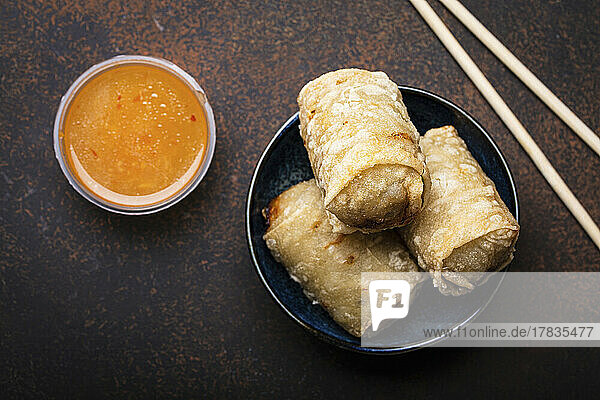 Chinese  Thai or Vietnamese traditional dish deep fried spring rolls with filling