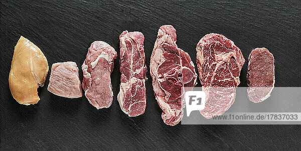 Various cuts of raw meat (turkey  chicken  pork  beef  lamb)