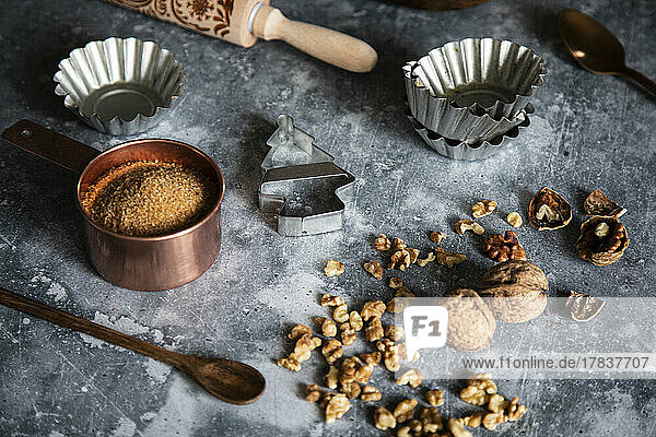Christmas baking - baking ingredients  baking tins  rolling pin and cookie cutter
