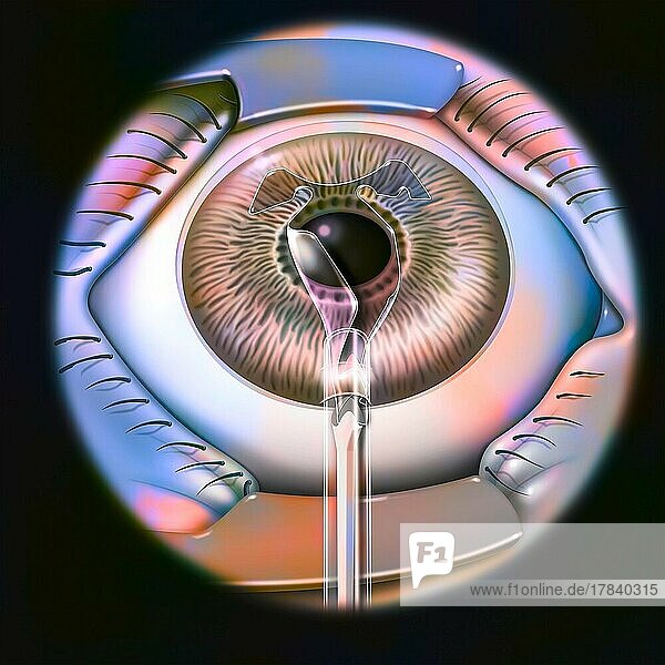 An intraocular implant  clipped to the iris  is placed in the posterior chamber.