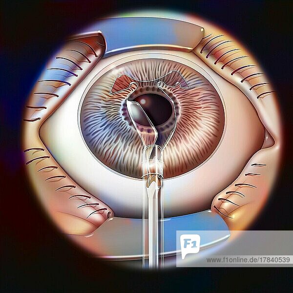 An intraocular implant  clipped to the iris  is placed in the posterior chamber.