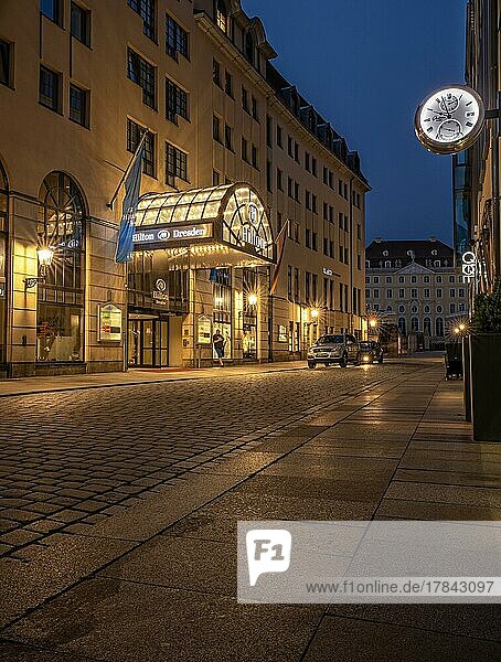 At night in the street of the Hilton Hotel  Dresden  Germany  Europe