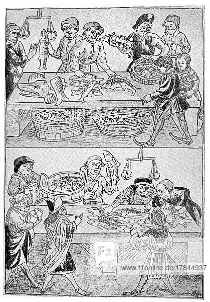 Fischmarkt in Konstanz  wo es auch Schnecken und Frösche zu kaufen gab  frühes 15. Jahrhundert  Deutschland  digital restaurierte Reproduktion einer Originalvorlage aus dem 19. Jahrhundert  genaues Originaldatum nicht bekannt  Europa