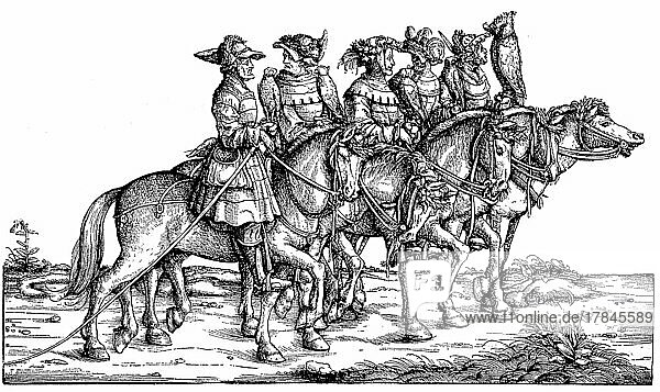 Maximilian's Triumphal Procession is a monumental work from the 16th century  digitally restored reproduction of a 19th century original  exact original date unknown  falconry  rider with falcon  Germany  group of Maximilian I hunting  Europe