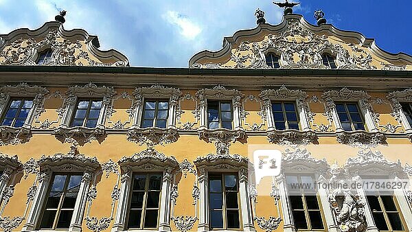 Facade view of the Falkenhaus in the centre of Würzburg. is a statue on the old Main bridge in Würzburg. Lower Franconia  Franconia  Bavaria  Germany  Europe