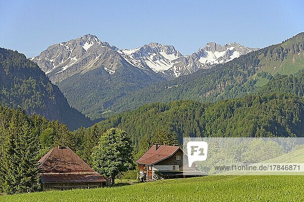 Ausblick auf einen idyllisch gelegenen Berghof und die Berge im Stillachtal  Allgäuer Alpen  Allgäu  Bayern  Deutschland  Europa