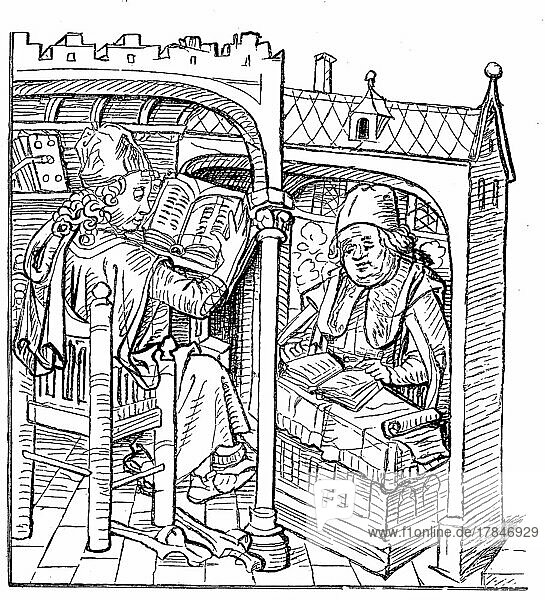 Scholars studying at reading desks  from the medieval house book from the 15th century  Germany. The medieval house book of Wolfegg Castle is an illustrated handwritten compendium after 1480  in which a collector of middle-class or noble origin recorded a thematically unique compilation of practical knowledge  digitally restored reproduction of a 19th century original  exact original date not known