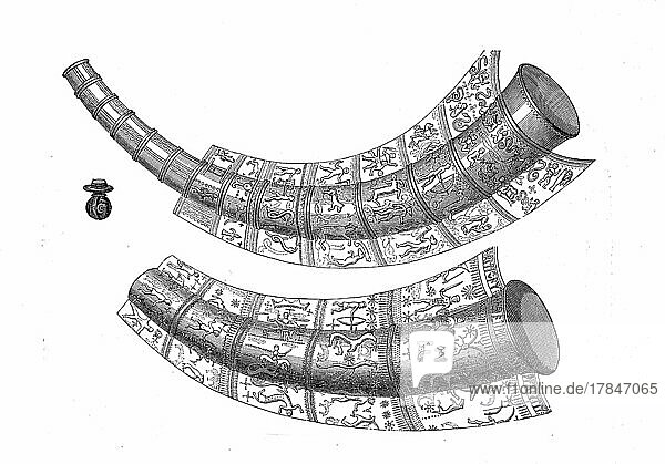 In Schleswig gefundene goldene Trinkhörner das untere mit Runeninschriften um den Rand Deutschland digital restaurierte Reproduktion einer Originalvorlage aus dem 19. Jahrhundert genaues Originaldatum nicht bekannt Europa