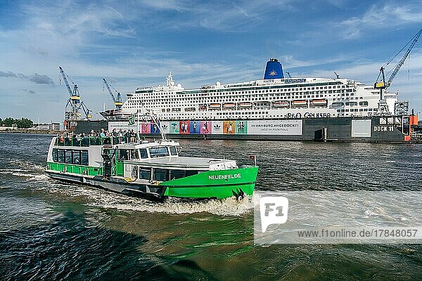 Ausflugsschiff vor dem Kreuzfahrtschiff Aurora im Trockendock auf der Elbe im Hamburger Hafen  Hamburg  Land Hamburg  Norddeutschland  Deutschland  Europa