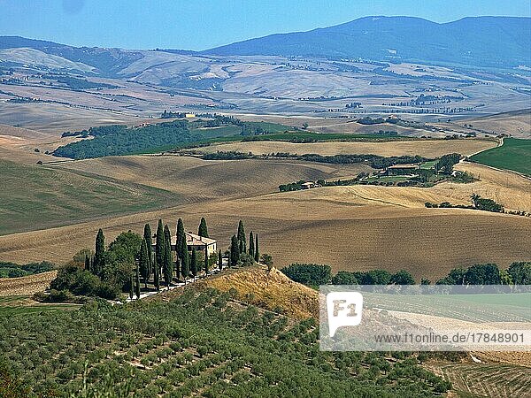 Hilly landscape with cypresses in the surroundings of San Quirico d'Orcia in Tuscany