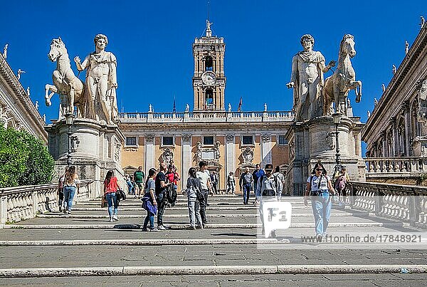Staircase to the Capitol with statues of the Dioscuri and the Senatorial Palace  Rome  Latium  Central Italy  Italy  Europe