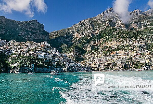 Village view from the sea with the mountain backdrop  Positano  Amalfi Coast  Gulf of Salerno  Campania  Southern Italy  Italy  Europe