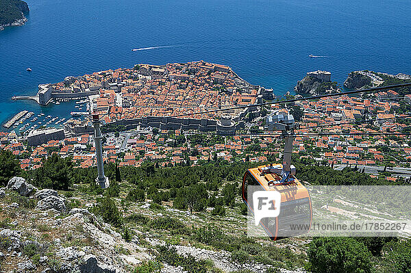 Elevated view of the Old Tow  UNESCO World Heritage Site  with cable car  Dubrovnik  Croatia  Europe