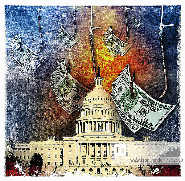 Geld baumelt an Haken über dem Kongress der Vereinigten Staaten